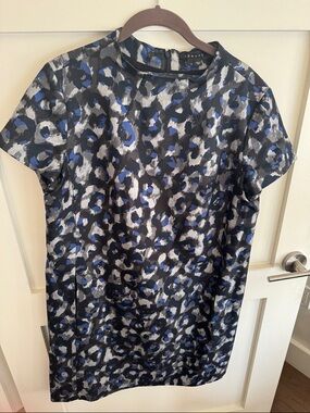 Theory Blue, Black & Gray Abstract Leopard Shift Dress